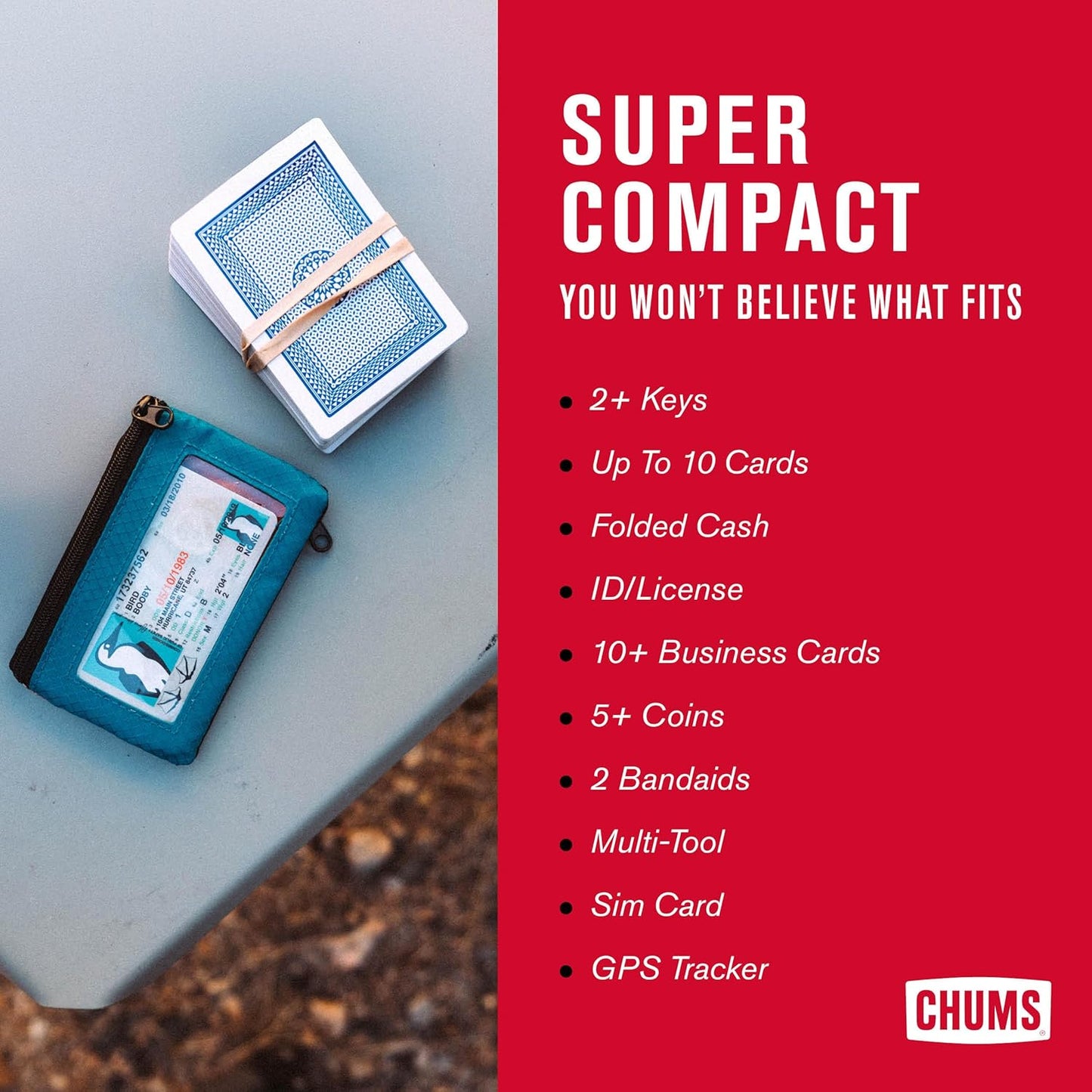 Chums Surfshorts Wallet - Lightweight Slim Wallet w/ RFID Blocking Card - Zippered, Minimalist