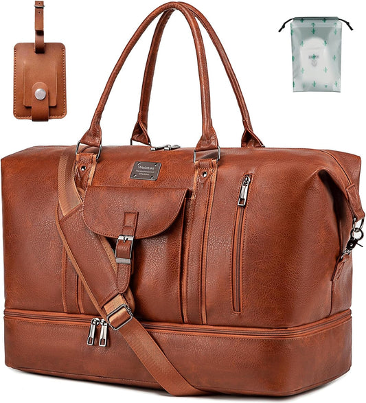 weiatas Faux Leather Travel Duffel Bag for Women Men, Large Weekender Overnight Bag with Shoes Compartment, Waterproof Carry On Bag Travel Tote Bag Gym Bag with Luggage Strap (Brown)