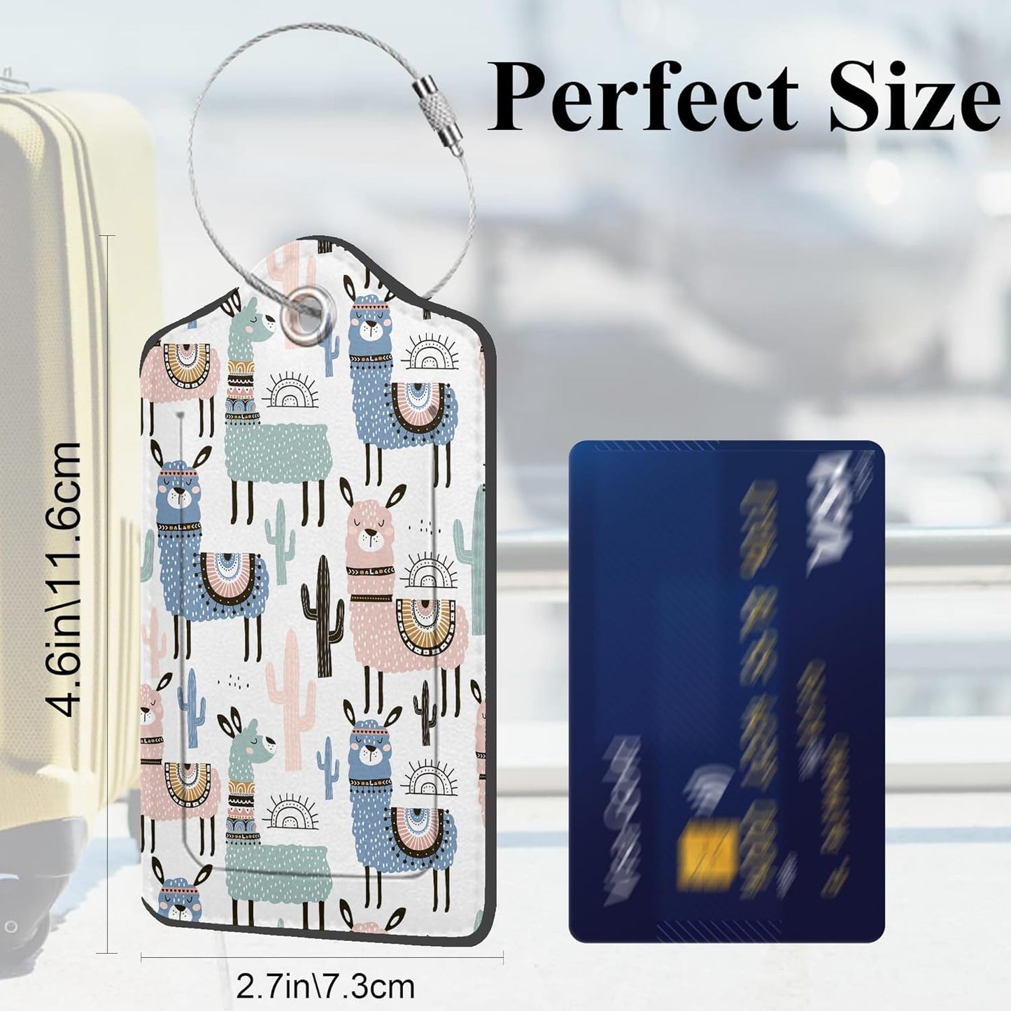 Llama PU Leather Luggage Tags for Suitcase, Cactus Creative Childish Texture Travel 2 Pack with Privacy Flap, Name ID Label and Metal Loop for Women Men Girls Baggage Bag Backpack