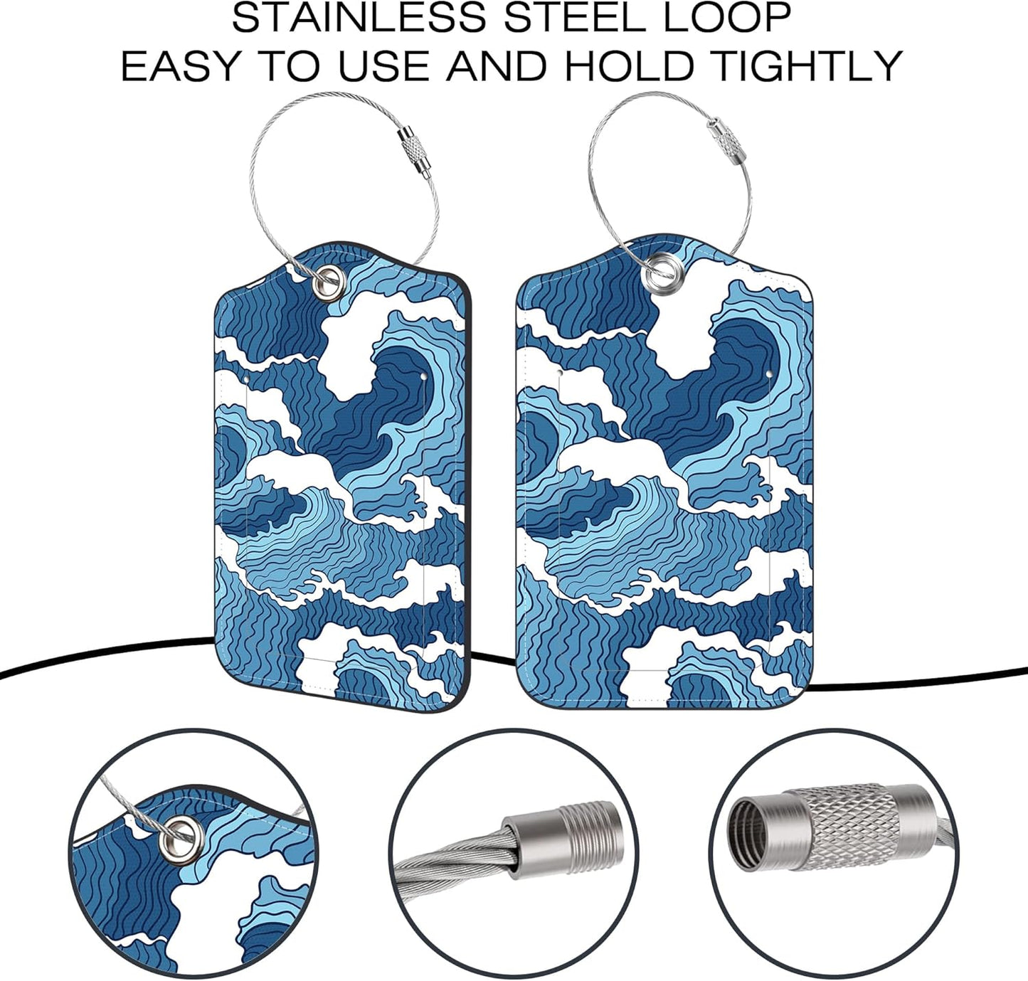 2 Pack Luggage Tags for Suitcase,Japanese Abstract Waves PU Leather Idea Baggage Tag with Name Labels Privacy Cover Metal Ring Men and Women Travel Cruise Labels