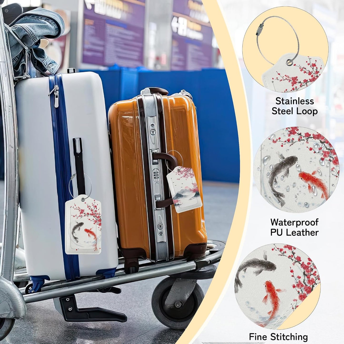 Japanese Cherry Blossom Luggage Tags for Suitcase,3 Pack Fujiyama Mountain Luggage Tag Leather Privacy Cover ID Label with Stainless Steel Loop for Women Men