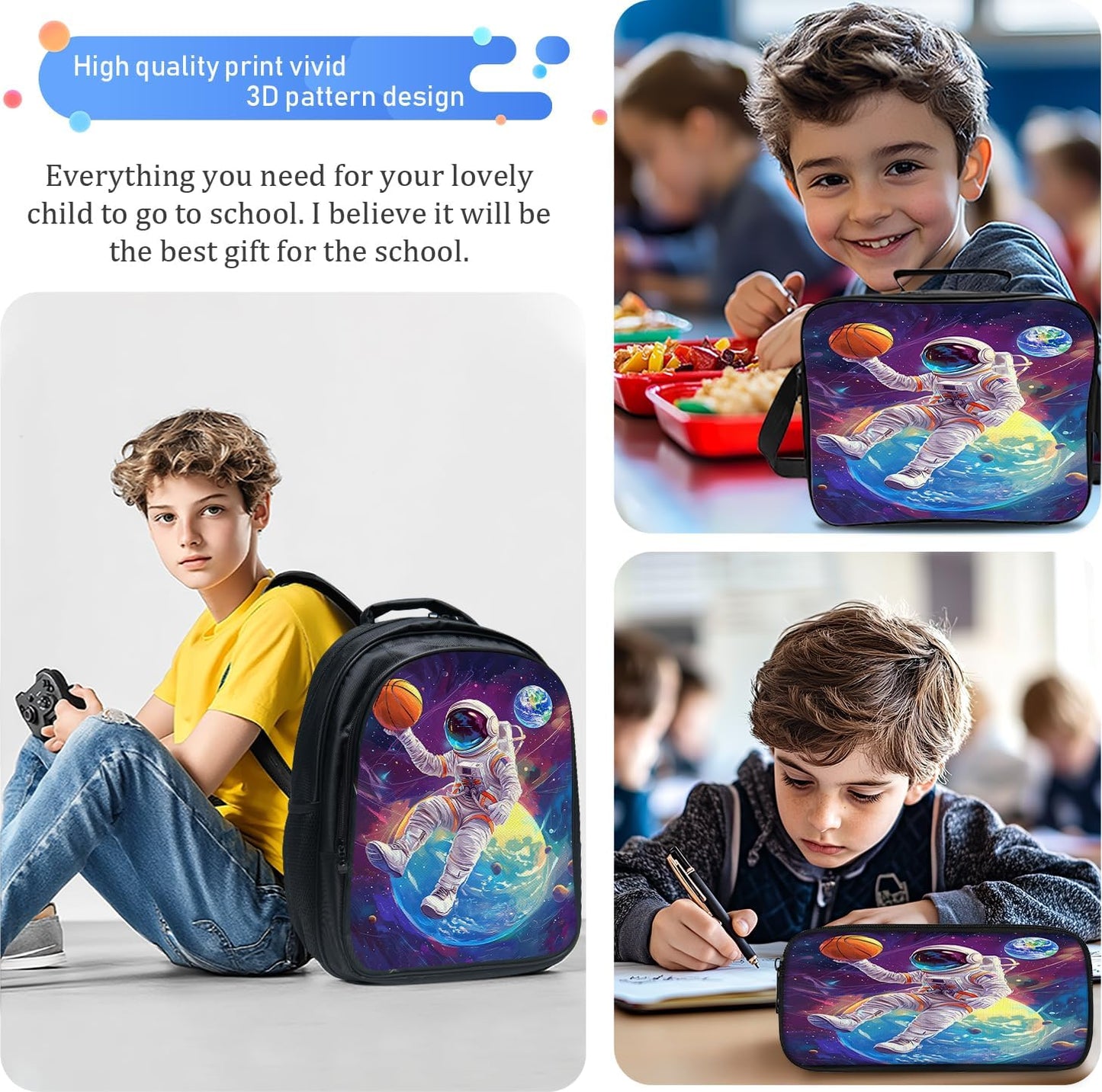 Astronaut Backpack Funny Spaceman Basketball School Bag 3PCS Backpack 16 Inch Set with Lunch Bag