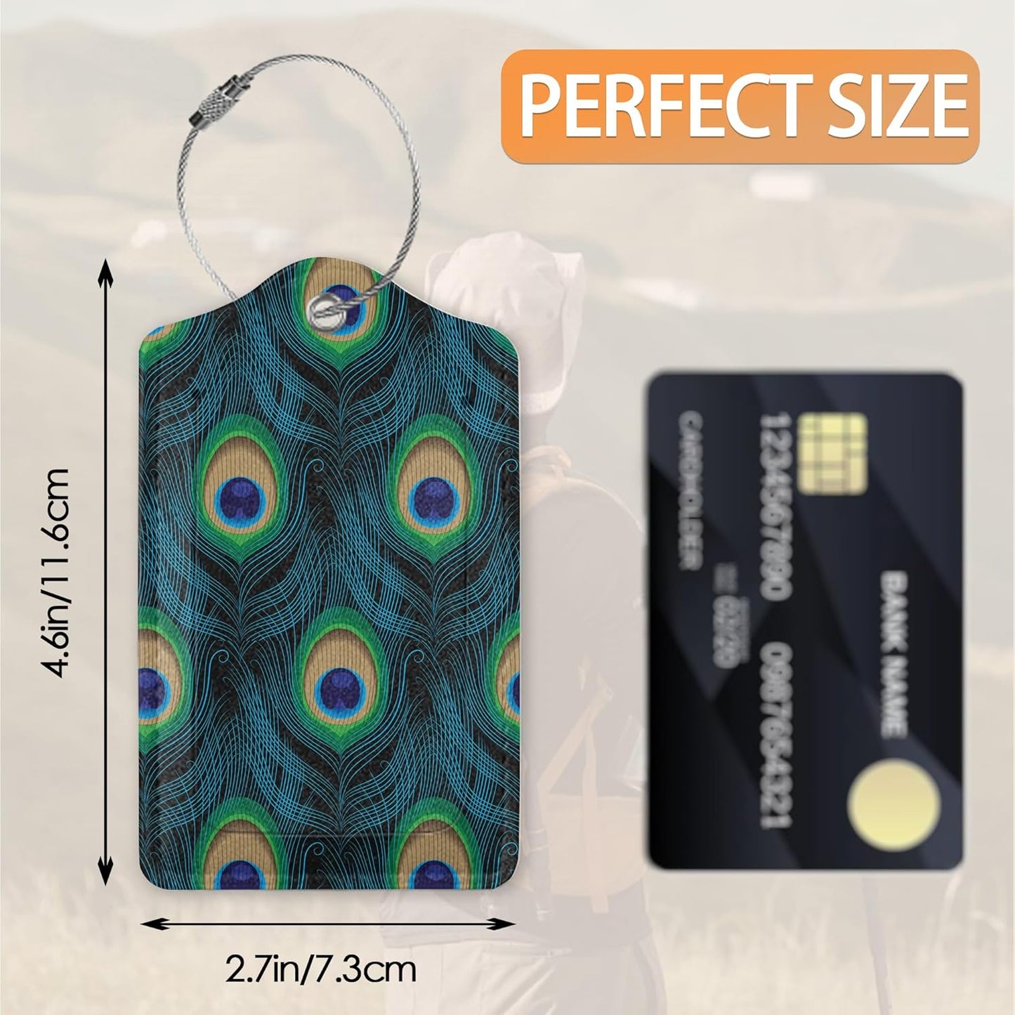 2 Pcs Luggage Tag for Suitcases,Golden Green Peacock Feathers Leather Baggage Tags Identifiers for Travel, Privacy Protection Travel Bag Labels Suitcase Tags for Women Men