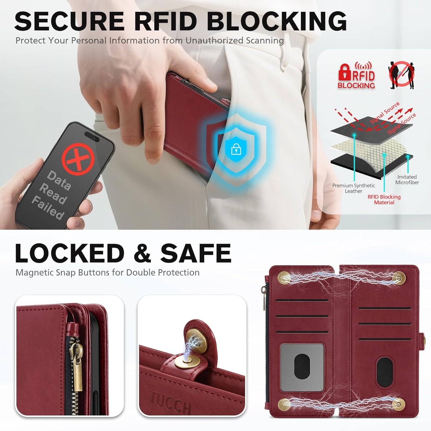 TUCCH Detachable Crossbody Case Wallet for iPhone 17 Pro 6.3", Wireless Charging | RFID Blocking 9 Card Holders | Lanyard | Wrist Strap | Stand | Zipper Pocket | PU Leather | Magnetic Cover | Dark Red