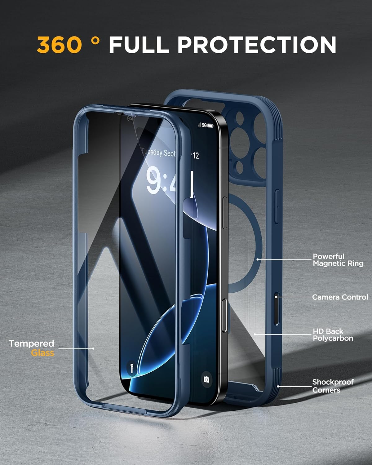 Miracase Magnetic for iPhone 16 Pro Case Full-Body Phone with Built-in Glass Screen Protector, [Compatible with MagSafe] Military Drop Proof 16 Pro Cover Bumper 6.3 inch, Blue