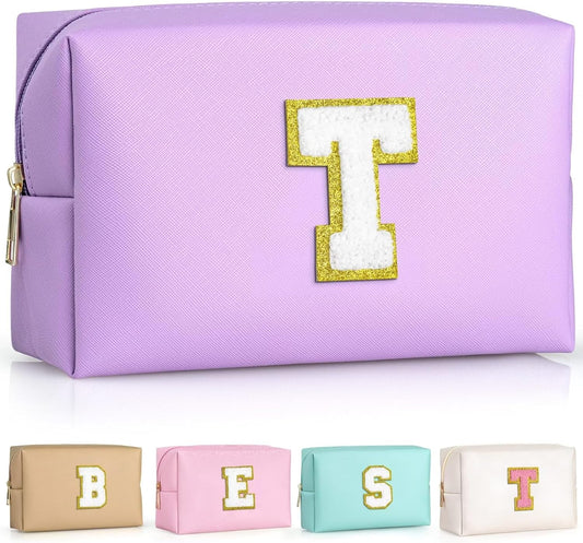 TOPEAST Preppy Stuff for Girls, Initial Makeup Bag Chenille Letter Pouch Cosmetic Bag with Zipper, PU Leather Waterproof Toiletry Bag, Cute Stuff Birthday Gift for Friends Sister (Purple T)