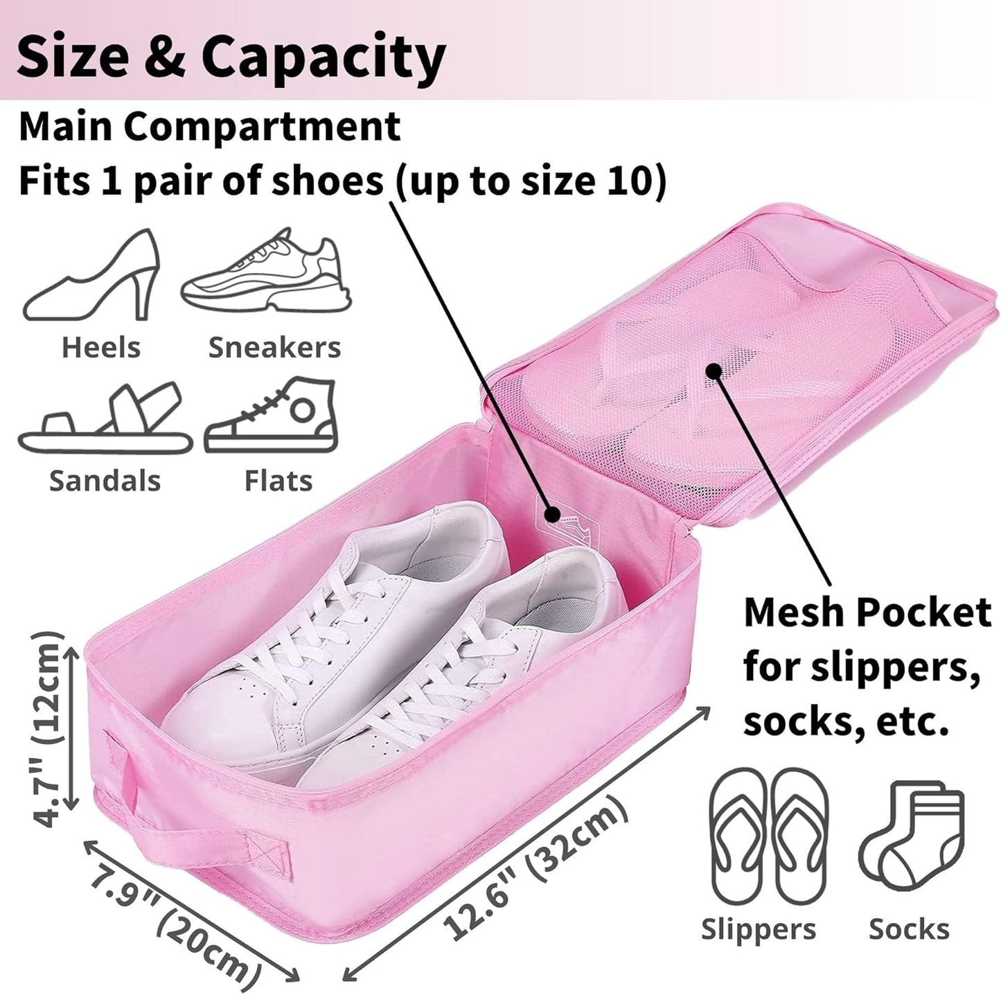 tianzong 2 Pack Plaid Travel Shoe Bag with Carry Handle & Mesh Pocket - Shoe Organizer for Sneakers, Heels, Sandals, Gym, Laundry (Pink)