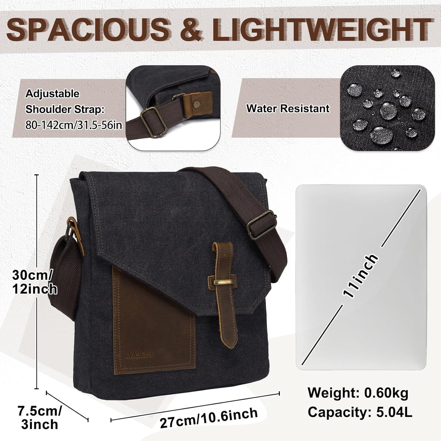 VASCHY Small Messenger Bag, Vintage Canvas Leather Lightweight Crossbody Bag