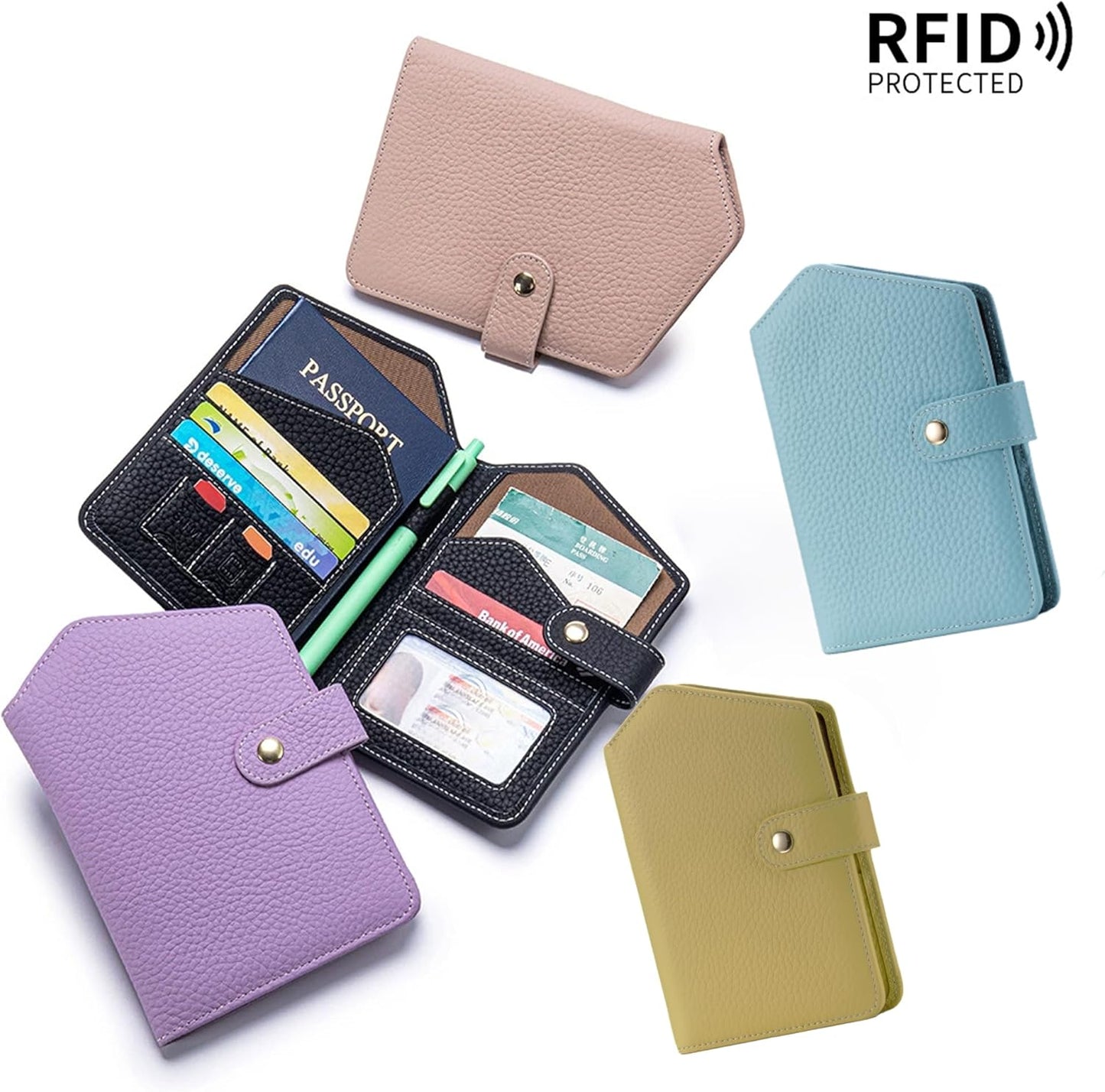 Cute RFID Passport Wallet for Women Leather Slim Passport Holder Travel Wallet Cover with Zipper Coin Purse, Credit Card, Sim and Tticket Slots (Blue)