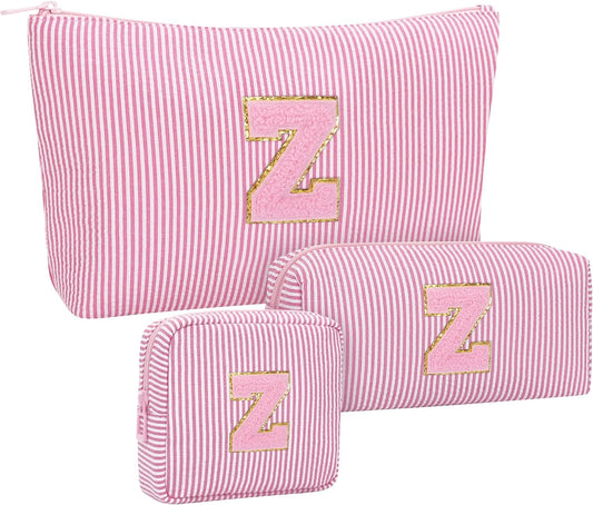MONSTINA Personalized Initial Makeup Bagfor Women,Make Up Case for Girlfriend Bridesmaid Wife,Birthday Gift for Her Cute Toiletry Bag,3PCS,Pink Z