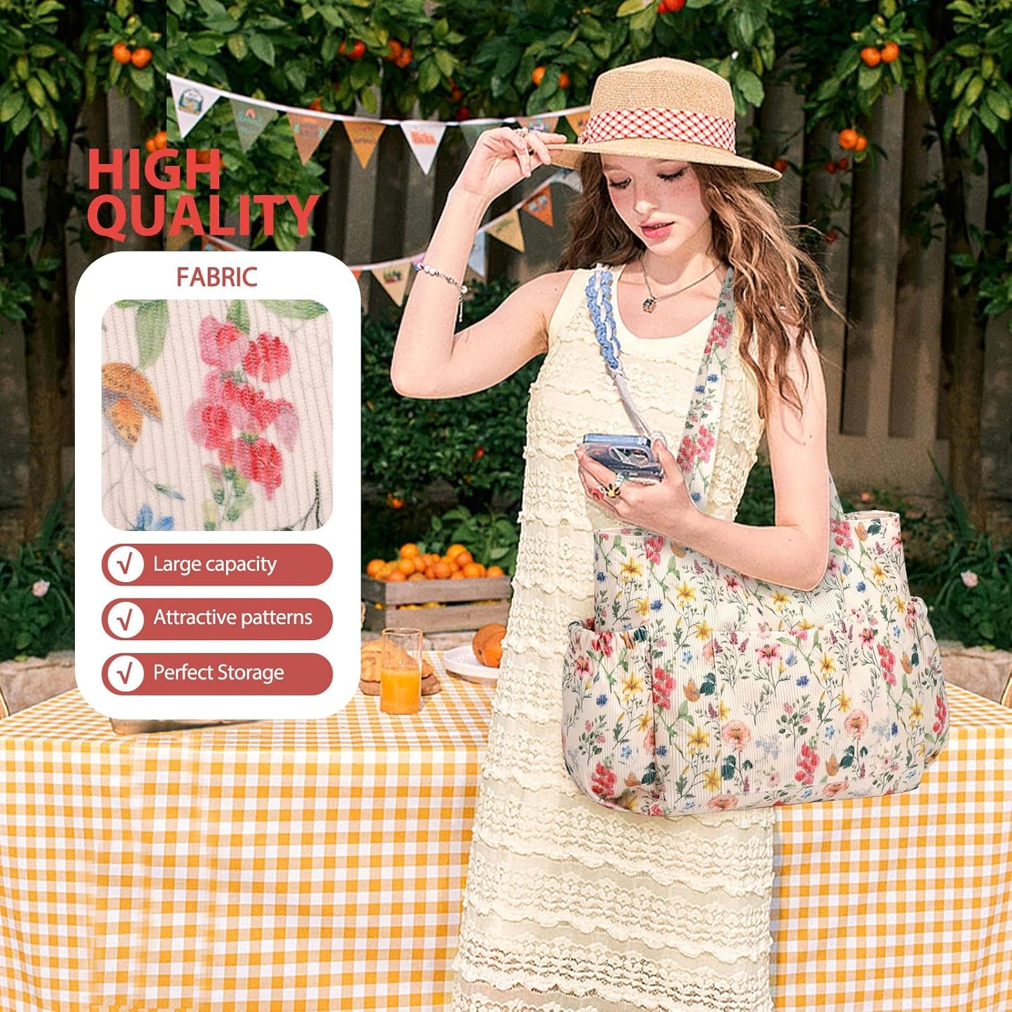 Corduroy Tote Bag for Women,Large Capacity Cute Tote Bags With 6 Pockets,Crossbody Shoulder Handbag for Work Travel Gym