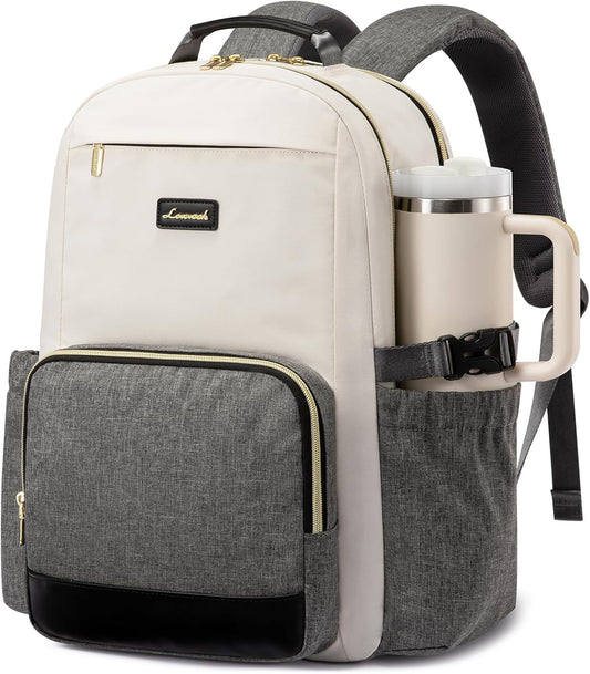 LOVEVOOK Laptop Backpack for Women with Pouch Pocket for Large Capacity Cup,15.6 Inch Laptop Computer Bag Travel Backpack Purse,Waterproof Work Business Backpack College Teacher Bags,Beige-Gray-Black