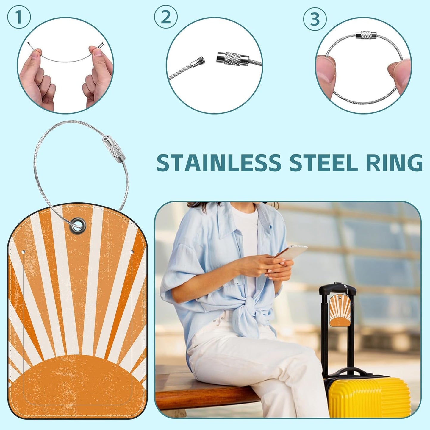 2 Pack Cute Luggage Tag for Suitcases Orange Sun Print Boho Leather Luggage Tags with Stainless Steel Loop Privacy Flap Name Tags,Men and Women Travel Bag Suitcase Tags