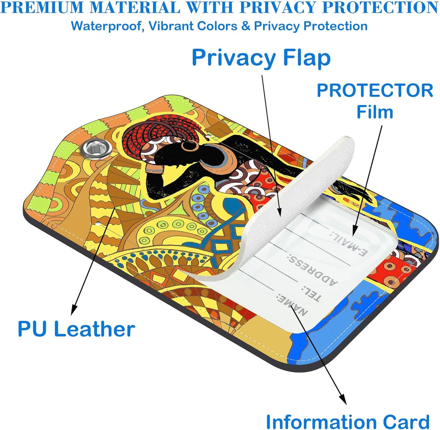 2 Pcs Luggage Tags for Suitcases, Beautiful African Woman Leather Bag Tags for Luggage Privacy Cover Name ID Label with Stainless Steel Loop Cruise Airport Travel Essentials