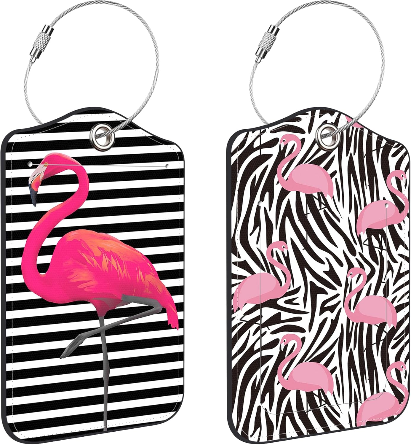 2 Pack Pink Flamingos Luggage Tags PU Leather Suitcase Tags with Stainless Steel Loop Privacy Cover ID Label for Women Men Travel Bag Accessories