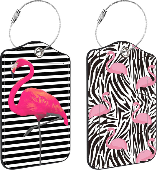 2 Pack Pink Flamingos Luggage Tags PU Leather Suitcase Tags with Stainless Steel Loop Privacy Cover ID Label for Women Men Travel Bag Accessories