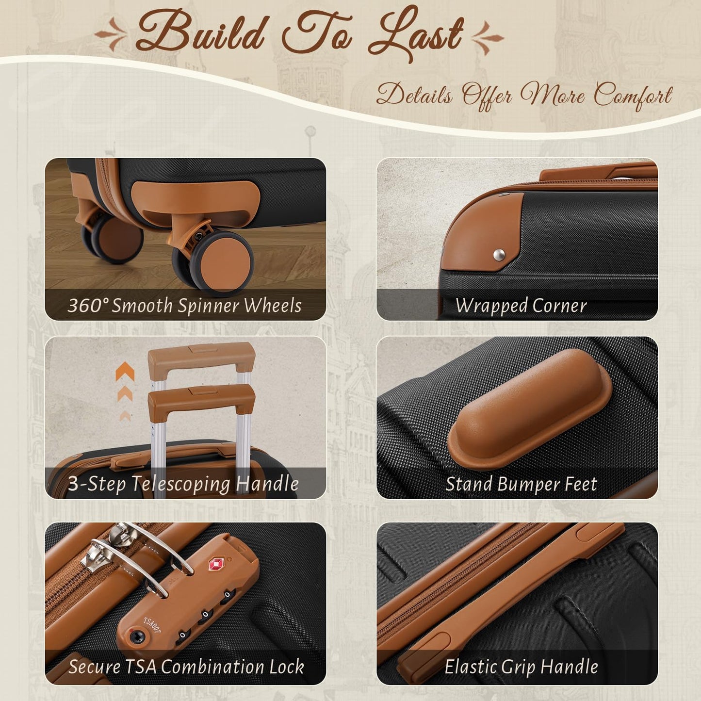 TAKUMI Carry On Luggage Set 3 Piece ABS+PC Hardshell Suitcases with Duffel Bag Double Spinner Wheels Travel Luggage with TSA Lock Lightweight Suitcase Set(BLACK BROWN, 3 PIECE SET(20/DB/TB))