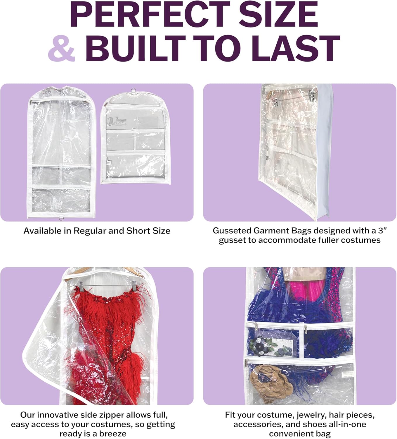 Clear Garment Bags for Dance Costumes 3-Pack, Regular-Size, Side Zipper Entry, Storage Pockets for