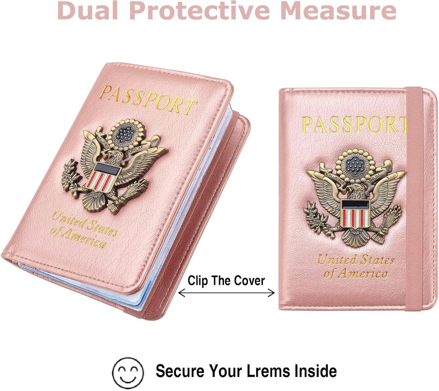 Passport Holder for Travel Passport Cover for Men Passport Wallet Case with Metal Badge Protector Leather Card Case RFID Blocking Women Travel Accessories Document Organizer (Rose Gold)