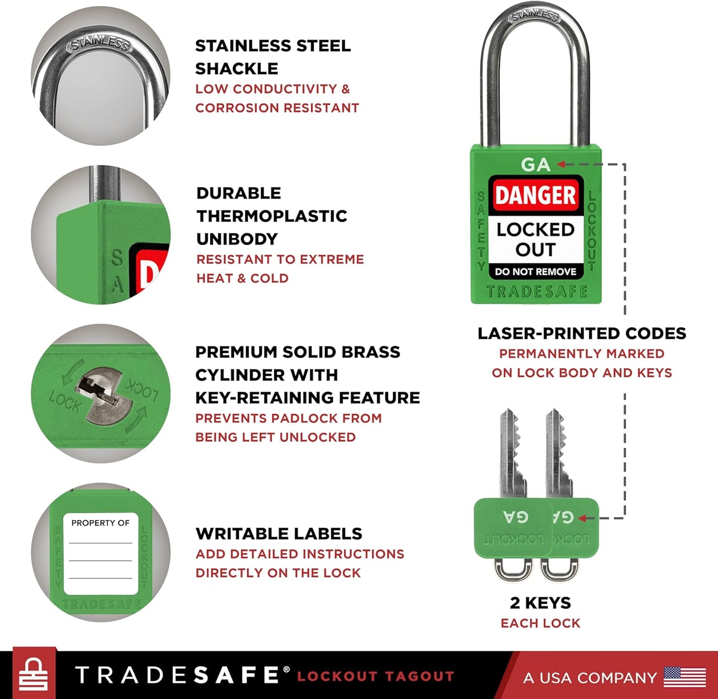 TRADESAFE Lockout Tagout Lock Sets, 10 Green Keyed Alike Unlimited Grouping Safety Padlocks, 2 Keys Per Lock, OSHA Compliant Loto Locks