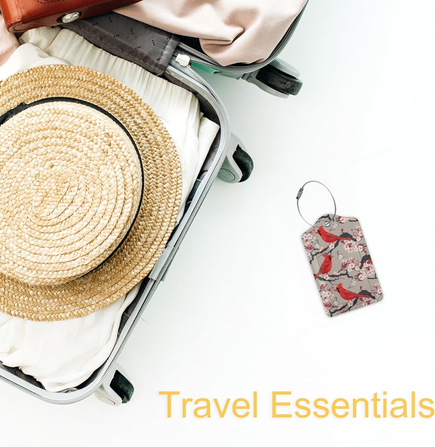 Red Cardinal Luggage Tags Set of 2 Leather Luggage Tags Privacy Cover Suitcase Label with Stainless Steel Loop for Women/Men Travel