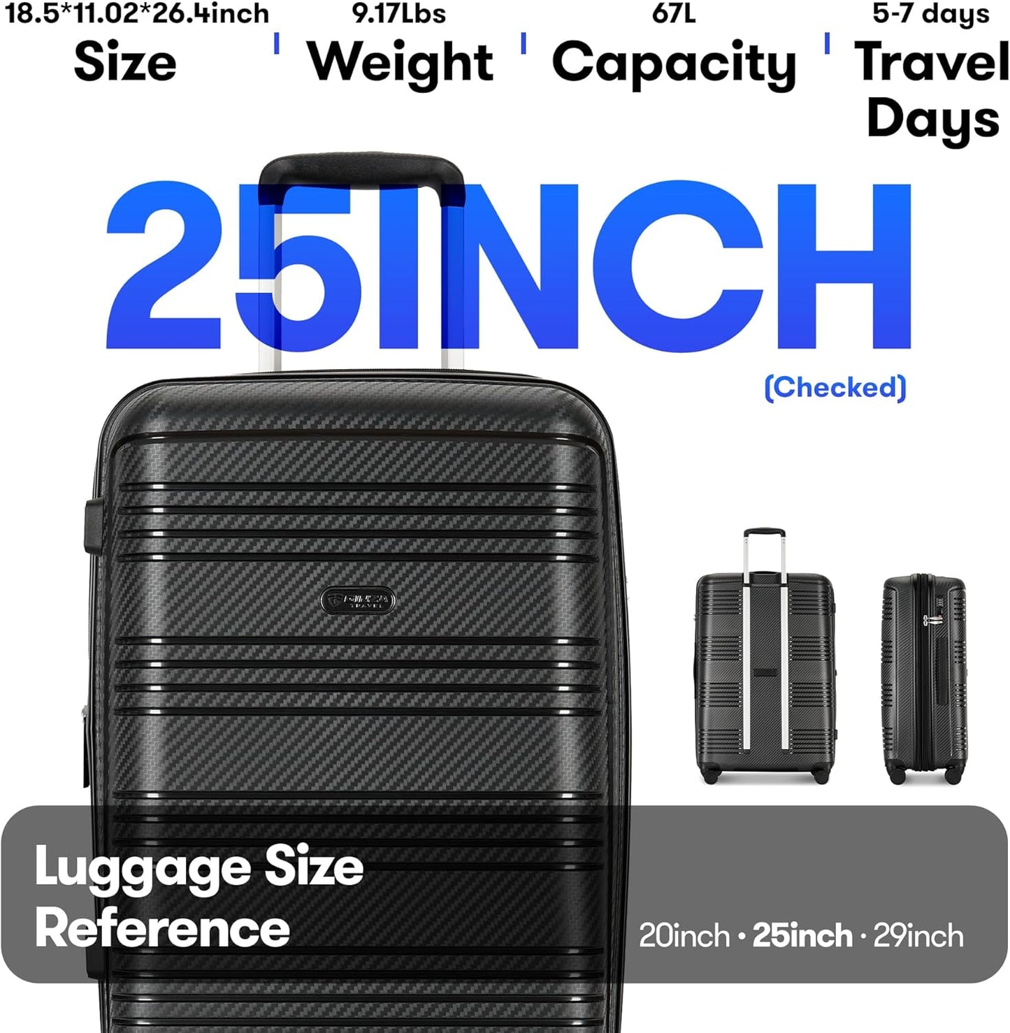 GinzaTravel 25 Inch Medium Checked Luggage Lightweight Suitcase with Spinner Wheels TSA Lock, Black