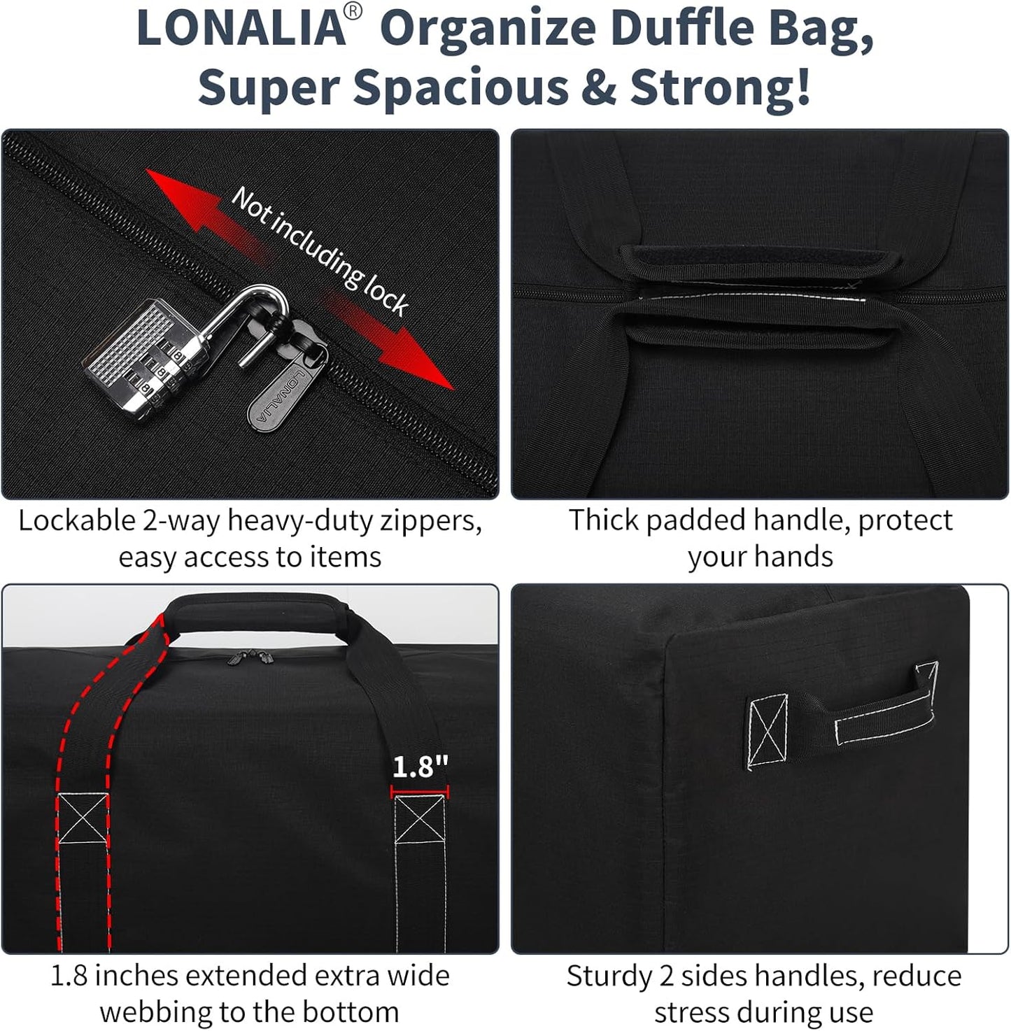 42 Inch Large Duffle Bag for Travel - 116L Extra Large Heavy Duty Duffel Bag with 2 Sides Handles, Sport Equipment Storage Bag for Camping-Black