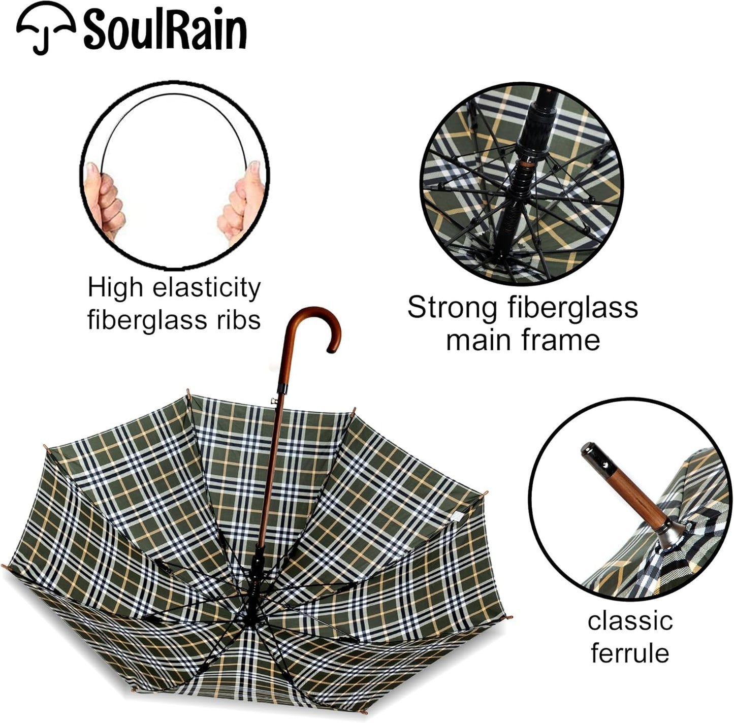 SoulRain 48" Large Umbrella –Windproof Stick Umbrellas for Rain, Automatic Open, Vintage Cane big Umbrella with Classic Wooden Handle,Open for 2 Persons adult,for Women & Men(Green Yellow plaid)