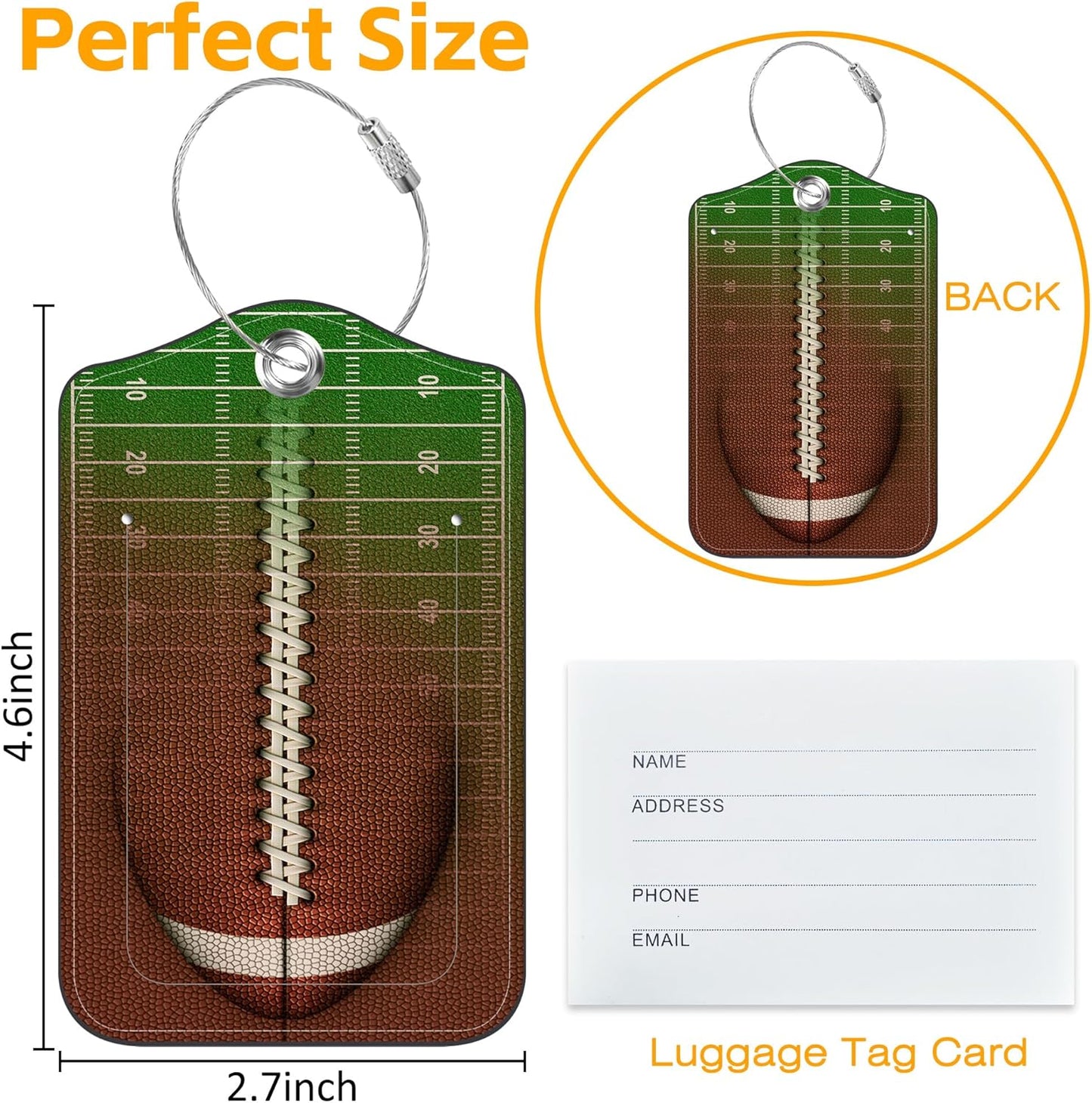 3 Pack Luggage Tags for suitcases American Football Baseball Basketball Leather Luggage Tag, Identifiers with Privacy Name ID Label and Metal Loop for Men Women Travel Bag Suitcase