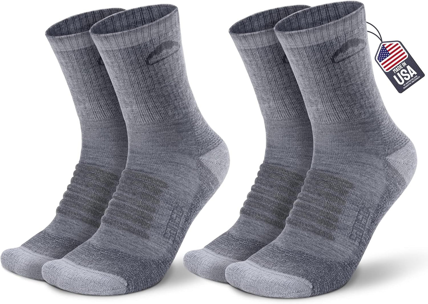 2 Pack Merino Wool Hiking Socks, Made in USA, Moisture Wicking Cushion Socks for Men & Women