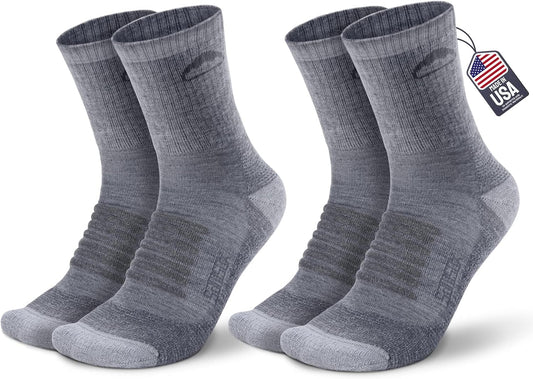 2 Pack Merino Wool Hiking Socks, Made in USA, Moisture Wicking Cushion Socks for Men & Women (Charleston Micro Crew)