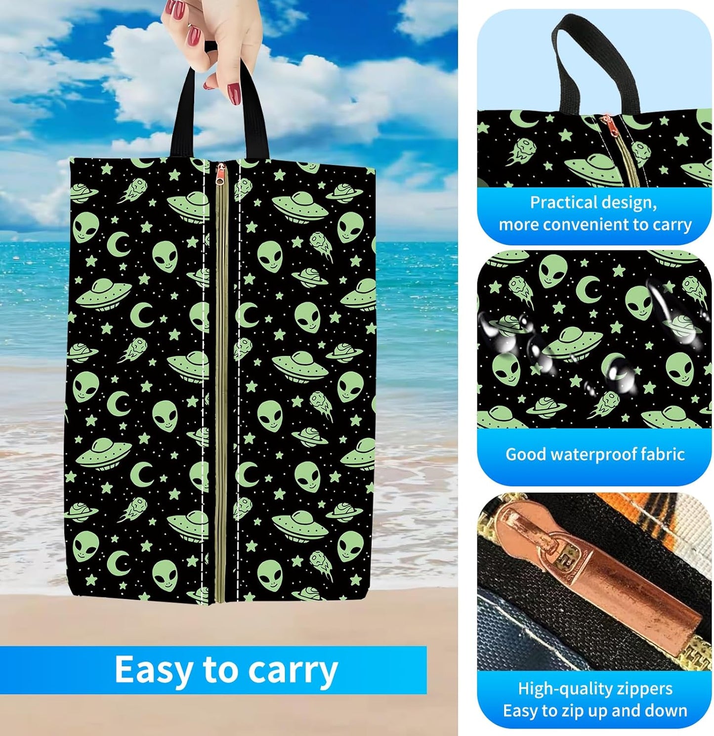 2pcs Shoe Organizer for Travel, Packing Shoe Travel Bags, Cute Shoe Bag with Zipper & Handle, Portable Travel Essentials for Women and Men Alien Spaceship