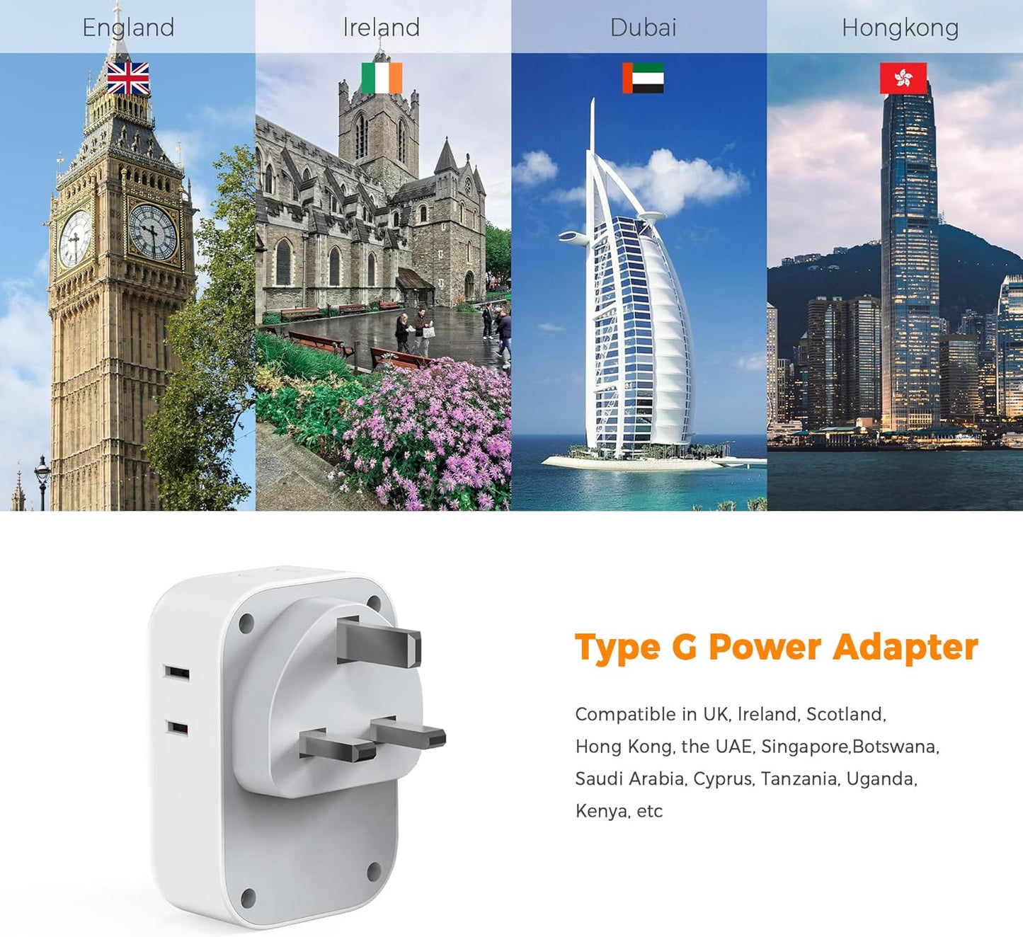 TESSAN US to UK Plug Adapter, Type G Travel Adaptor with 4 Electrical Outlets 3 USB Ports (2 USB C), Ireland Power Adapter for USA to England London Scotland Dubai Singapore Qatar Kenya British