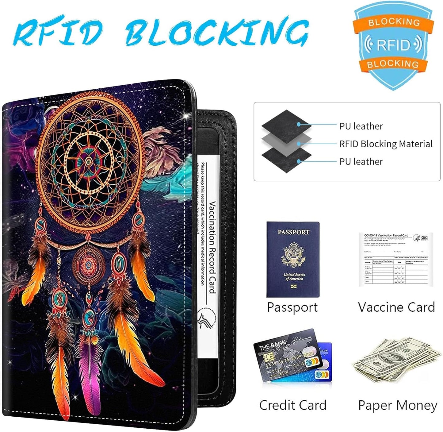 Passport Holder Cover Wallet Travel Essentials RFID Blocking Case Leather Passport Cover Wallet Vaccine Card Slot Organizer for Men Women, Dreamcatcher