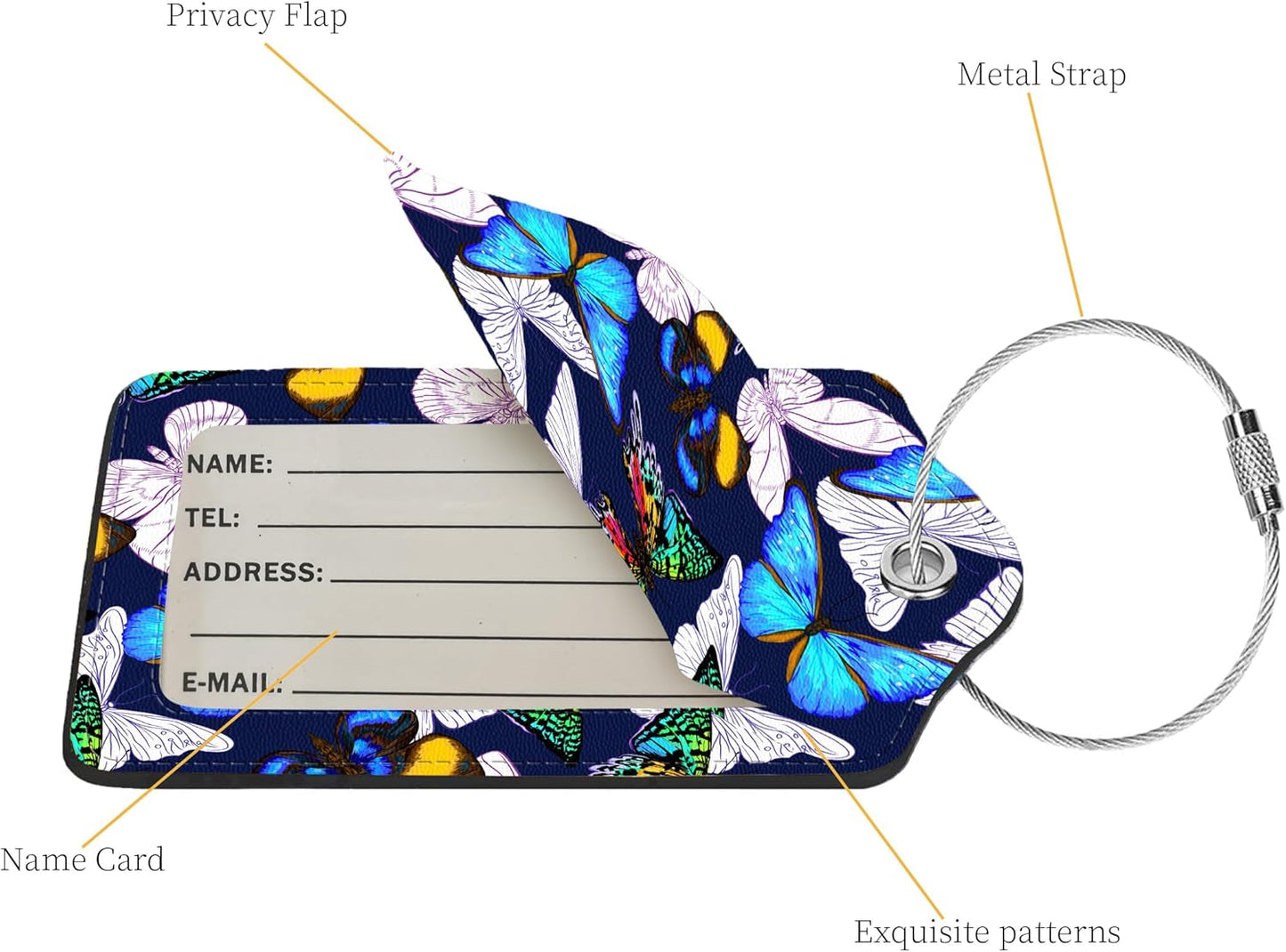 2 Pcs Luggage Tags for Suitcase, Cute Unique PU Leather Travel Bag Tag with Privacy Cover ID Label Address Card and Durable Metal Ring Suitable for Men Women Children Backpack,Colorful Butterflies