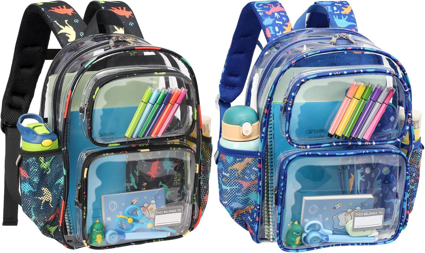 Bagseri 2pcs Clear Backpack for Boys - 15 Inch Clear Bookbag for Kids Aged 3 to 8 Heavy Duty Transparent Backpack for School, Black Dinosaur & Blue Dinosaur