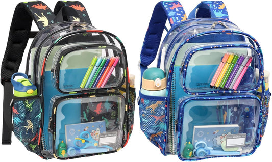 Bagseri 2pcs Clear Backpack for Boys - 15 Inch Clear Bookbag for Kids Aged 3 to 8 Heavy Duty Transparent Backpack for School, Black Dinosaur & Blue Dinosaur