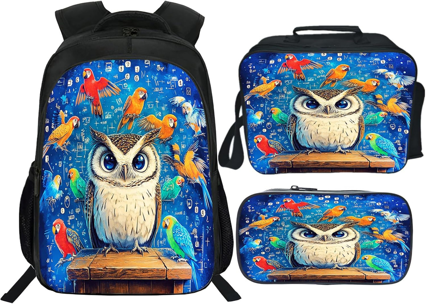 Owl Backpack School Bag 3PCS Backpack 16 Inch with Lunch Bag Set Lightweight for Teen Boys Girls Kids Elementary Middle School