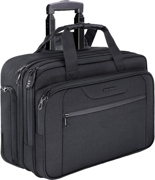 KROSER Rolling Laptop Bag Premium Wheeled Briefcase Fits Up to 17.3 Inch Laptop Overnight Roller Case Computer Bag with RFID Pockets for Travel/Business/Men/Women-Black