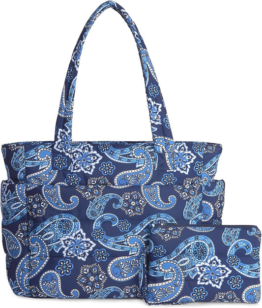 TOPDesign Puffer Tote Bag for Women, Lightweight Puffy Handbag with Compartments, Quilted Shoulder Bag for Work, Travel, Gym