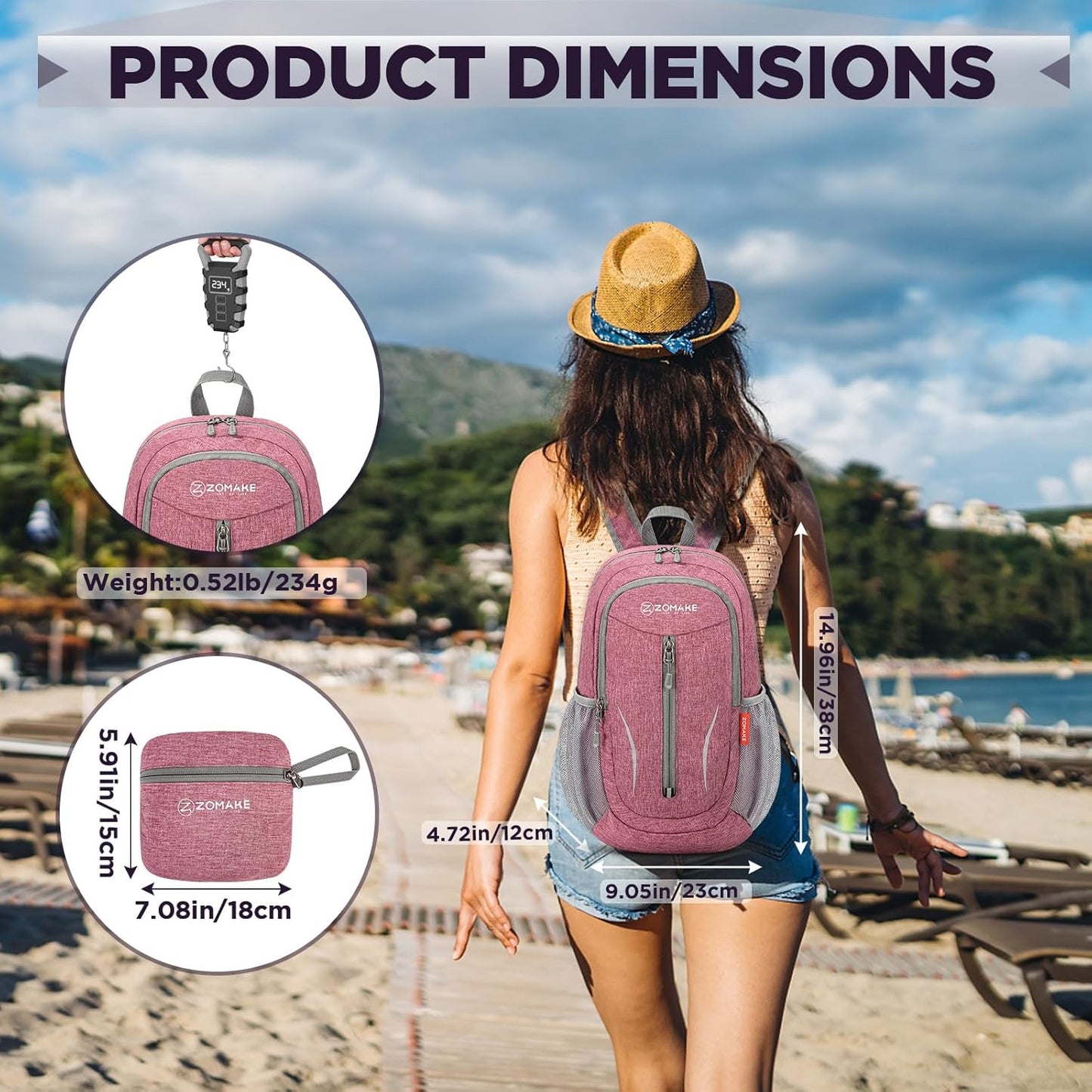 ZOMAKE Ultra Lightweight Packable Backpack 10L,Small Foldable Backpacks Hiking Water Resistant Collapsible Daypack for Women Men(Pink-C1)