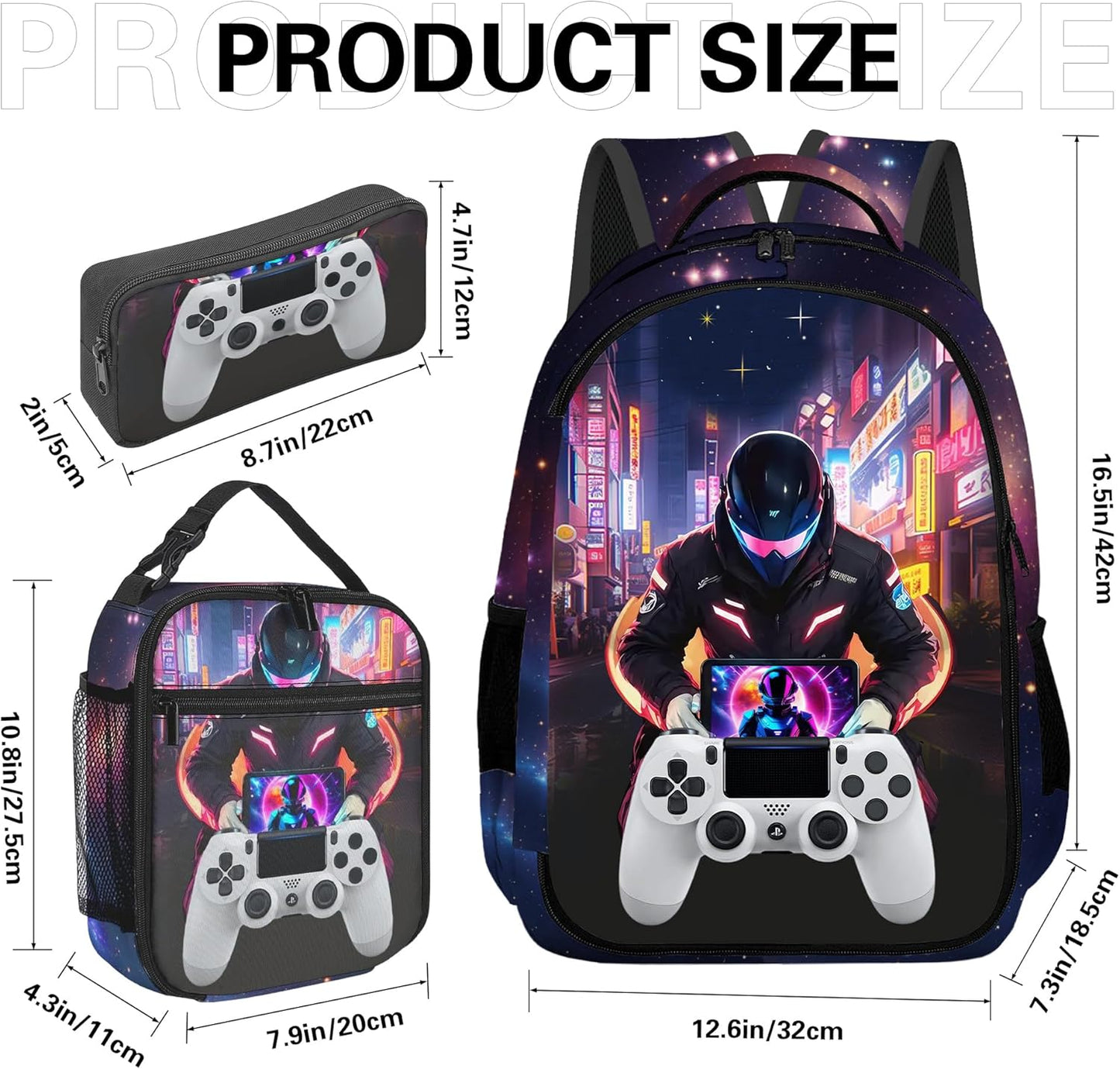 Game Backpack Set for Boys, Gaming Backpack 3 Pack, Boys Lunch Box, and Pencil Bag for Kids, 17"