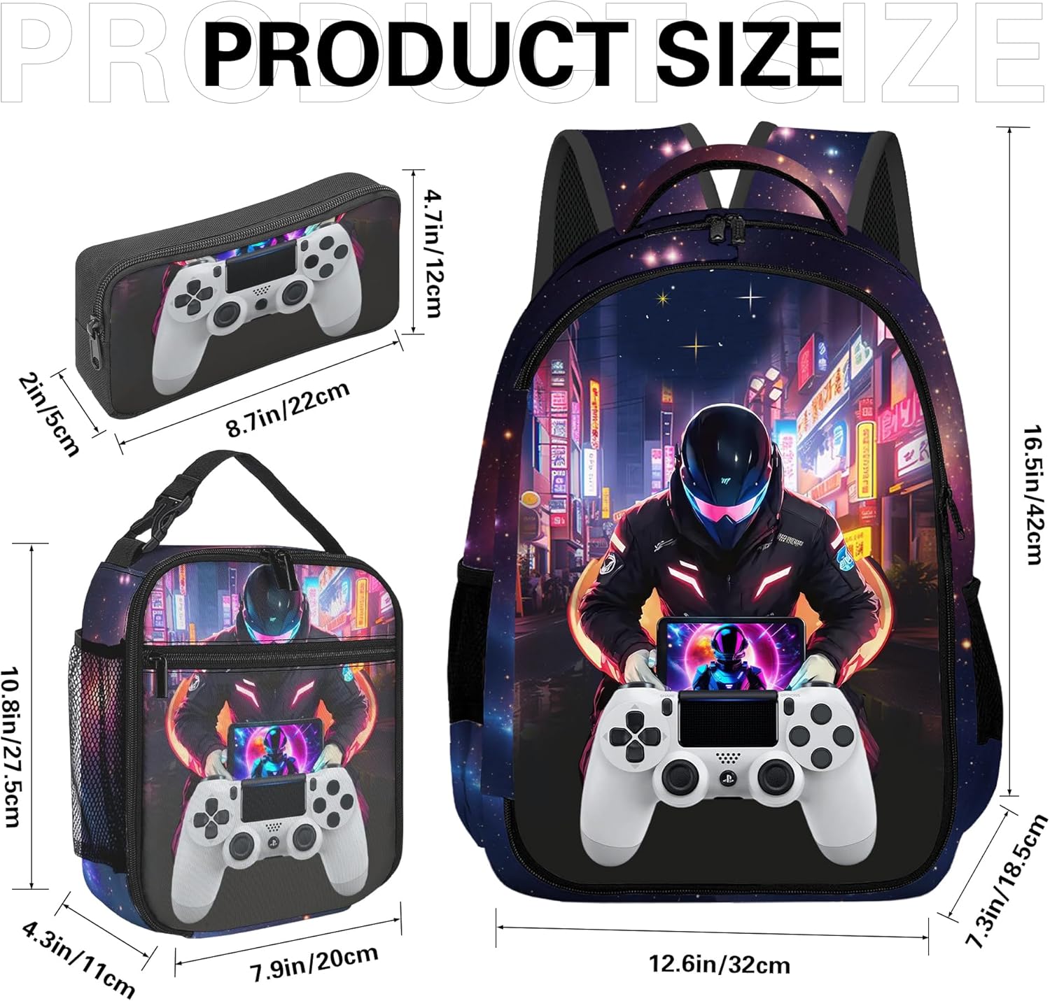 Game Backpack Set for Boys, Gaming Backpack 3 Pack, Boys Lunch Box, and Pencil Bag for Kids, 17"