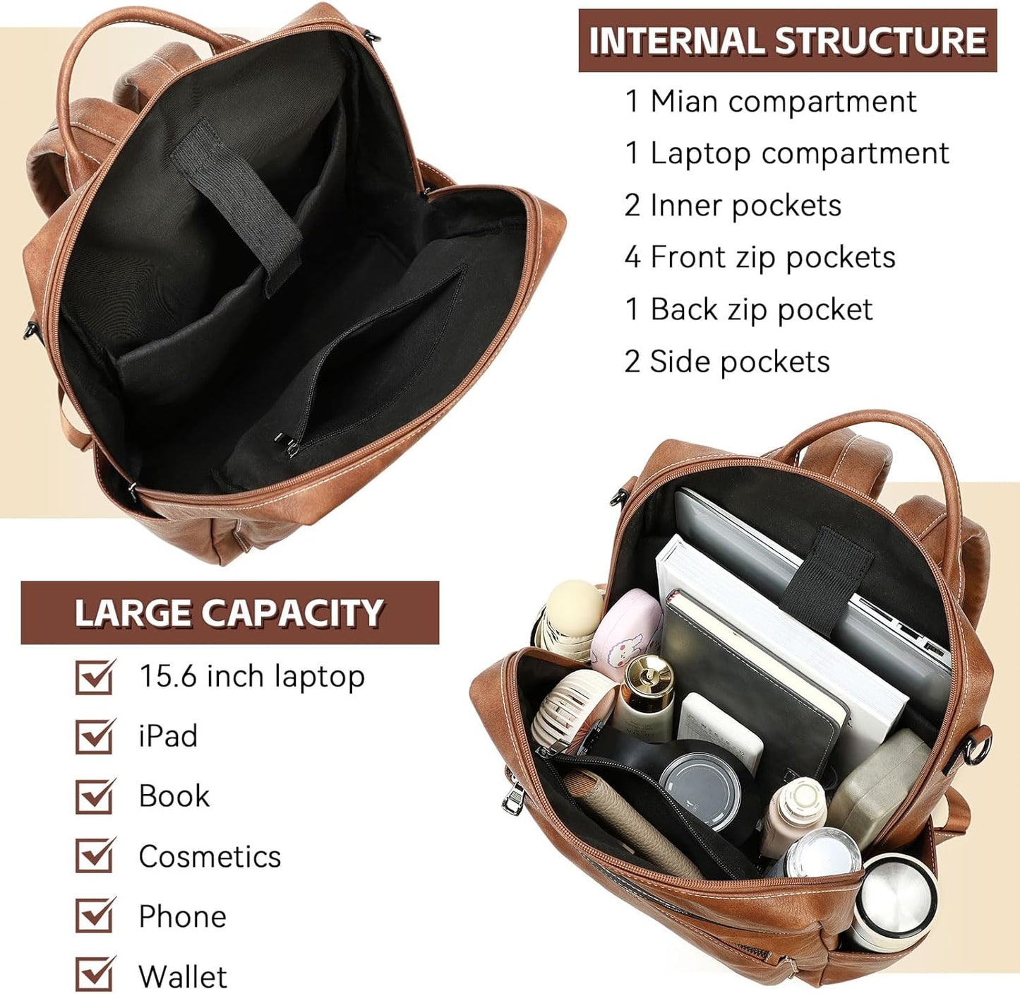 Vegan Leather Laptop Backpack for Women 15.6 Inch Work Backpack Purse for Travel College