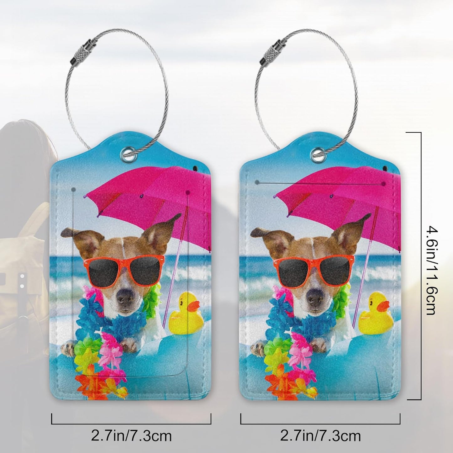 2 Pack PU Leahter Luggage Tag with Stainless Steel Loop,Funny Dog Luggage Tag Travel Suitcase Labels with Privacy Cover ID Label Quickly Spot for Bags & Baggage