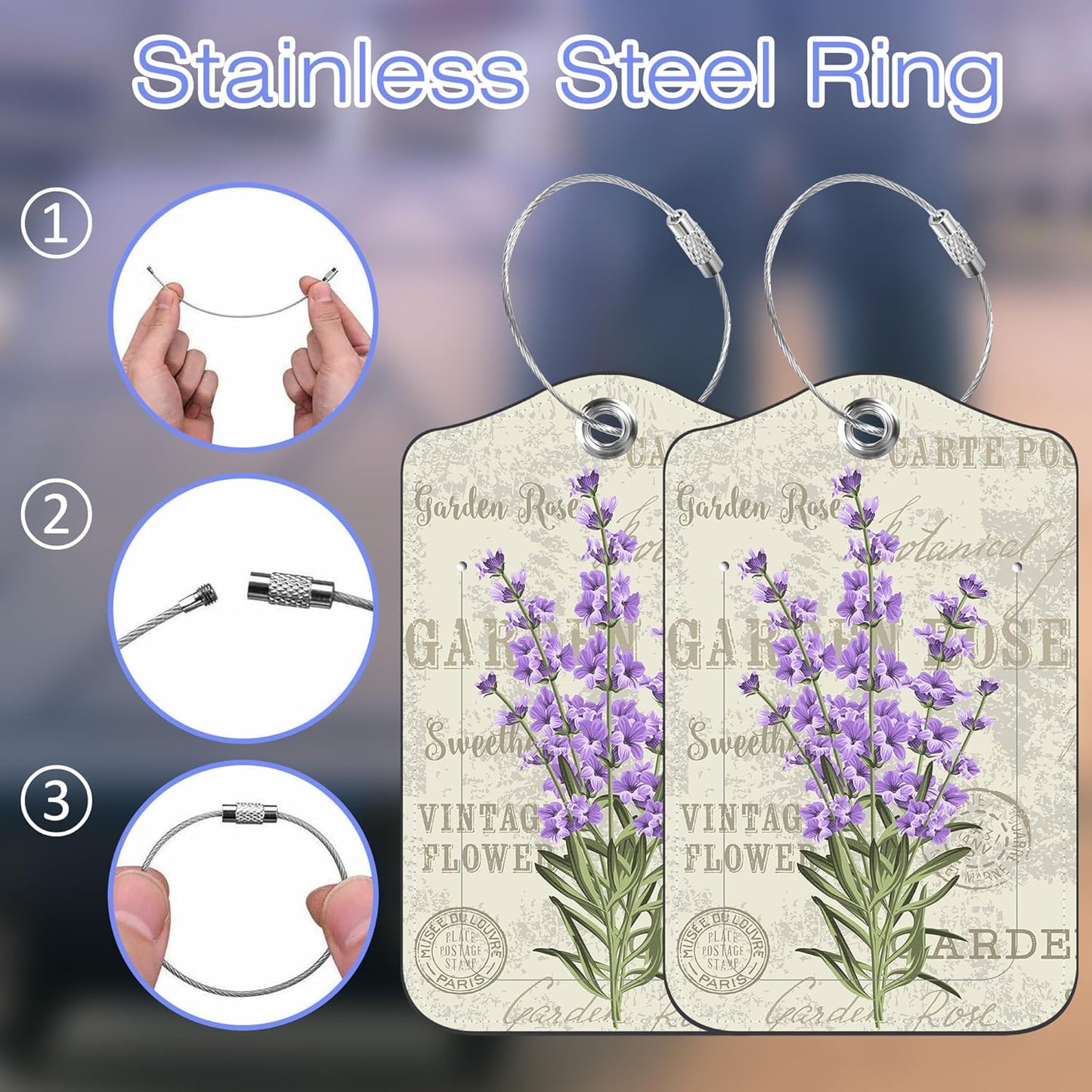2 Pack PU Leather Luggage Tag for Suitcase Purple Lavender Suitcase Tags with Privacy Name ID Label and Stainless Steel Loop for Travel Bag