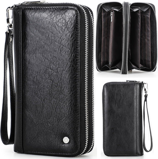 Top Grain Genuine Leather Handheld Purse Wallet for Man & Woman, Classic Vintage Design, Fully Handmade, 2 Zipper Pockets & Multiple Slots, RFID Large Capacity for Daily/Business/Traveling/Gift, Black