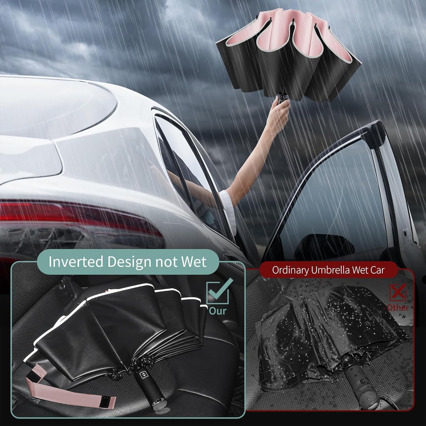Seniny Inverted Travel Umbrella, Automatic Umbrellas for Rain, Windproof Compact Umbrella with Reflective Stripe, Folding UV Umbrella Sun Umbrella, Portable Large Umbrella for Backpack, Lightweight