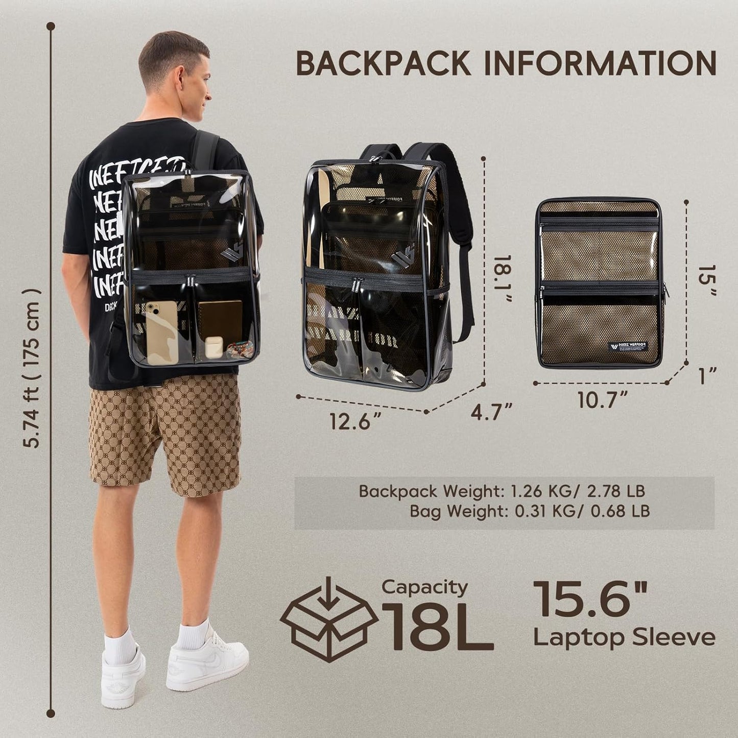 Unisex Clear Backpack Heavy Duty Large with Transparent Laptop Bag for Work, Black Plastic Backpacks Stadium Events for College Travel Sports
