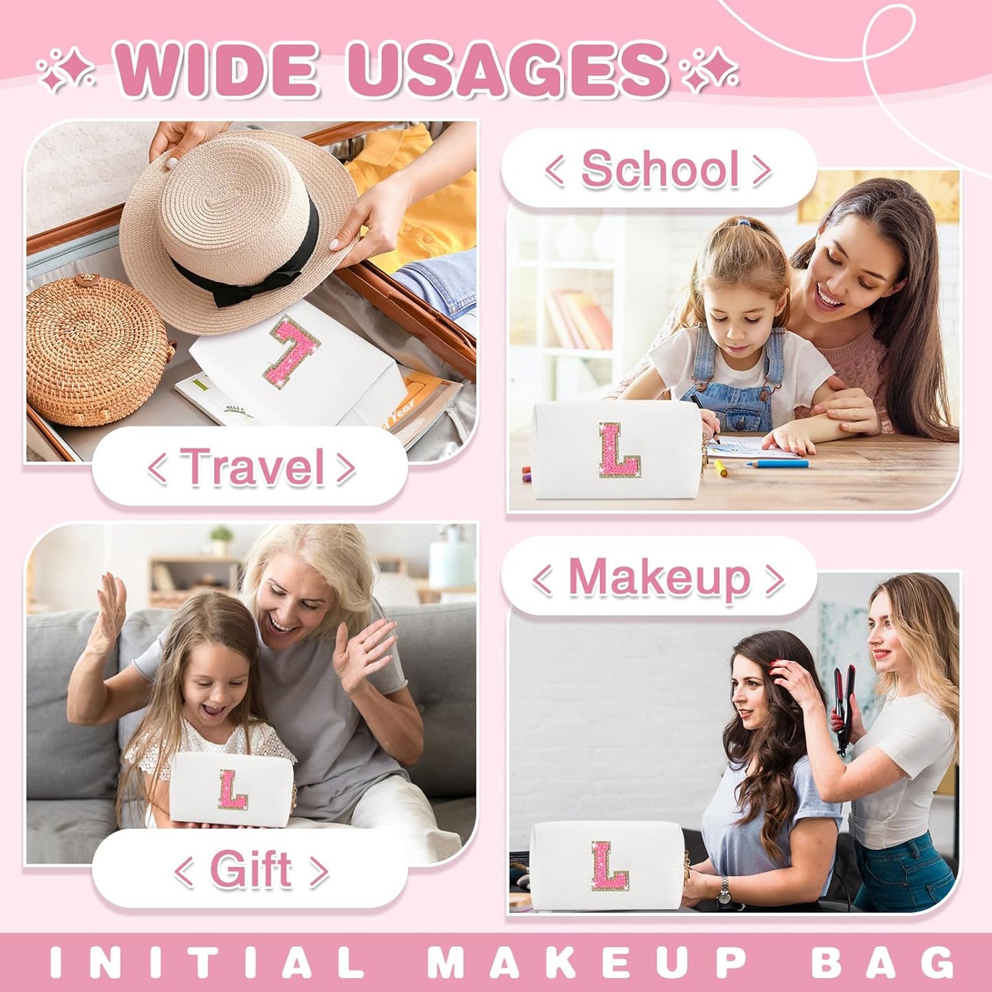 Small Personalized Initial A-Z Patch Makeup Bag,White Cute PU Leather Glitter Letter Cosmetic Bag for Teen Girls,Travel Toiletry Bag with Zipper,Preppy Monogrammed Birthday Gift for Daughter Niece L